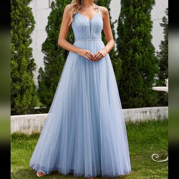 Spaghetti Strap Pearl Beaded Mesh Contrast Wedding Dress Blue Prom Dresses - Picture 1 of 4
